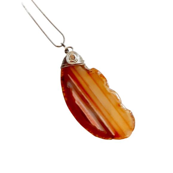 Brown Stripe Agate Slice Wire Wrap Necklace Handmade - Picture 1 of 4